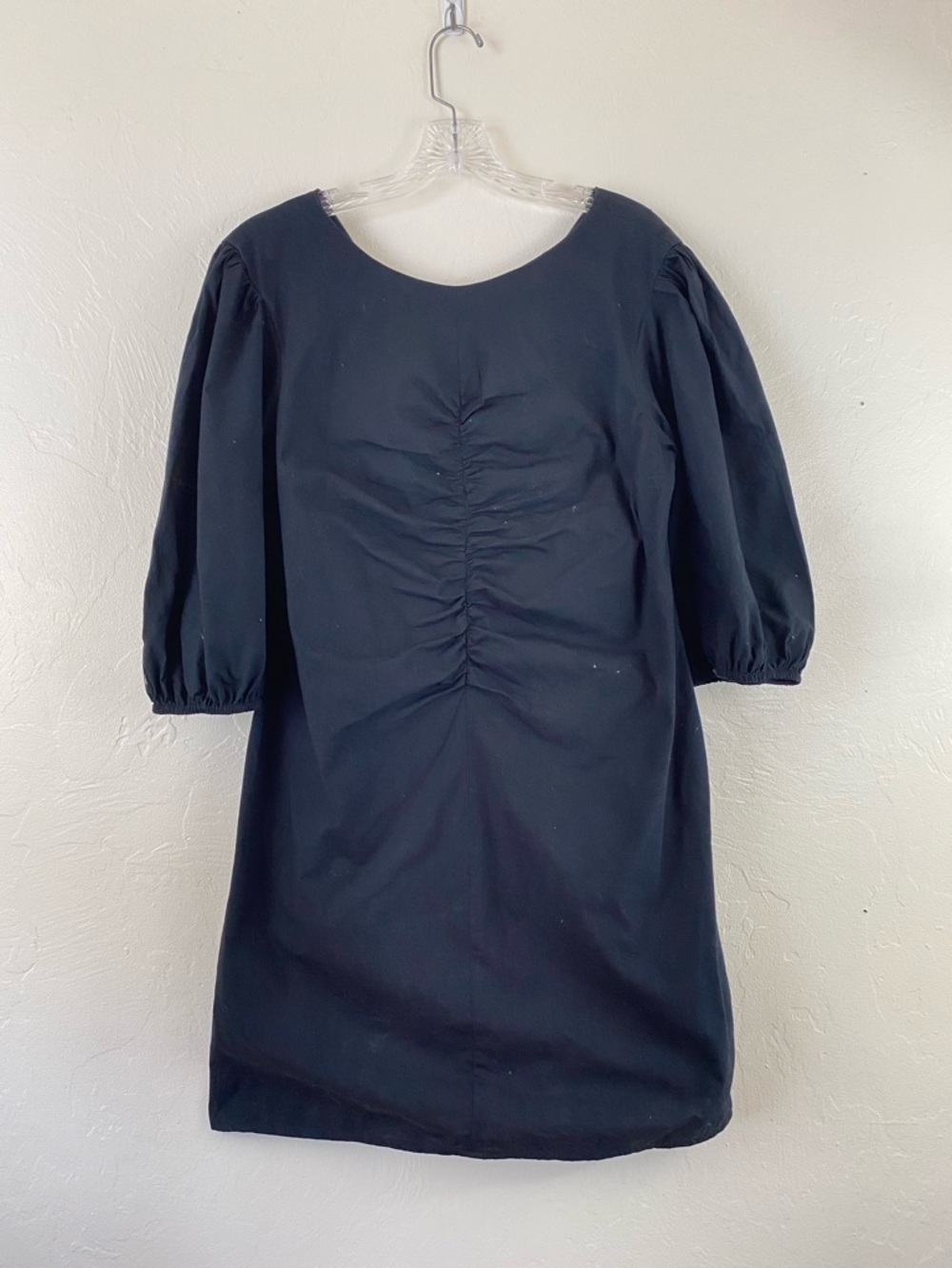 Free People Size XL Black Cotton Knit Middle Rushed Puffy Half Sleeve Midi Dress